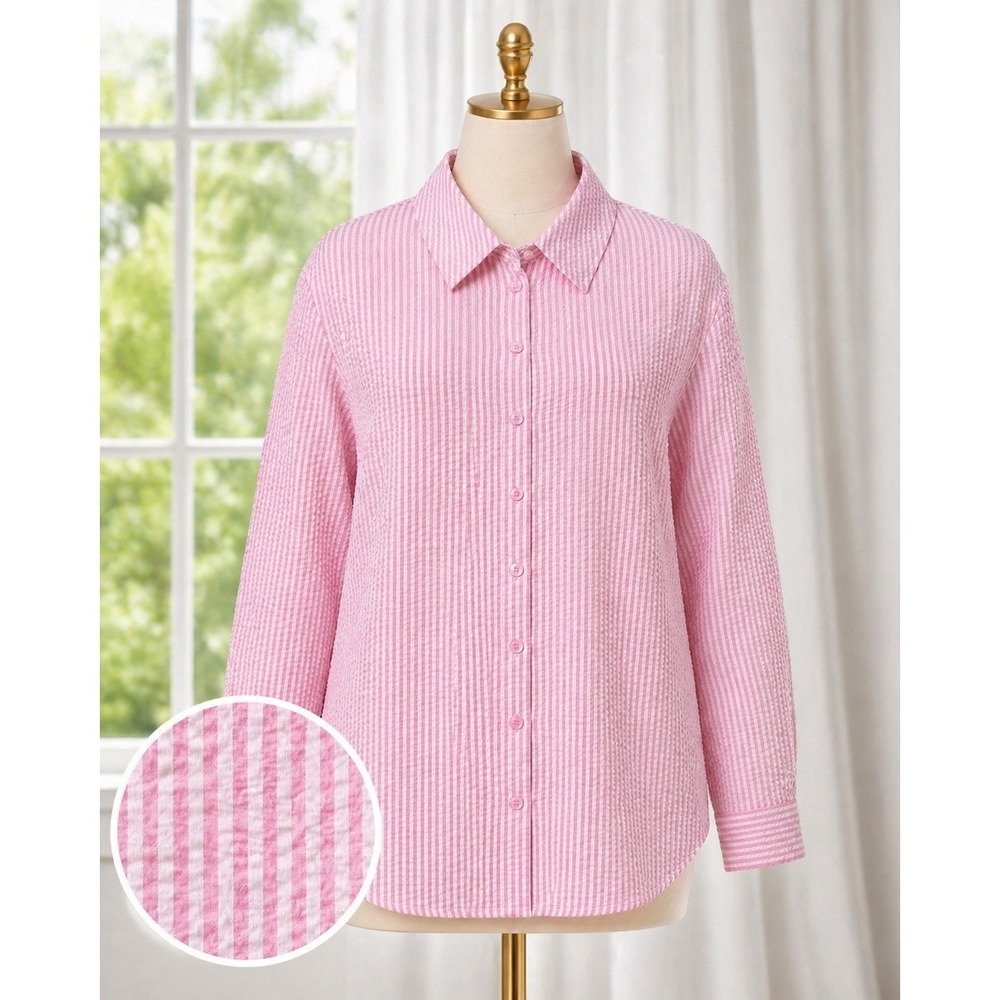 Joan Rivers Seersucker Button Front Shirt Women 3XP Pink White‎ Striped Pockets